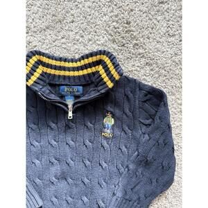 Polo Ralph Lauren Kids Sweater Navy Blue Bear Logo Cable Knit Quarter Zip Sz 3